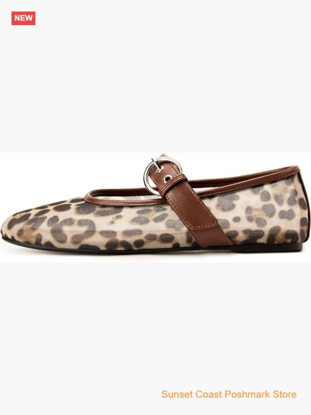 Leopard Mesh Mary Jane Flats with Buckle Strap Slip On Round Toe Dress Shoes